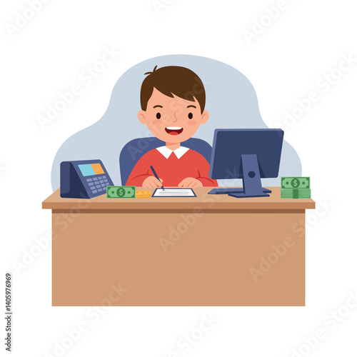 Young boy sitting at a desk in a flat design style, smiling while taking notes with a computer and money nearby, vector illustration