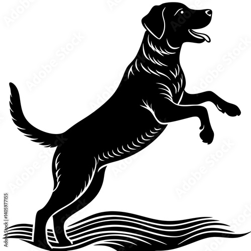 A lively Labrador Retriever silhouette, either jumping into a lake to fetch a ball or sitting with its paws up, 