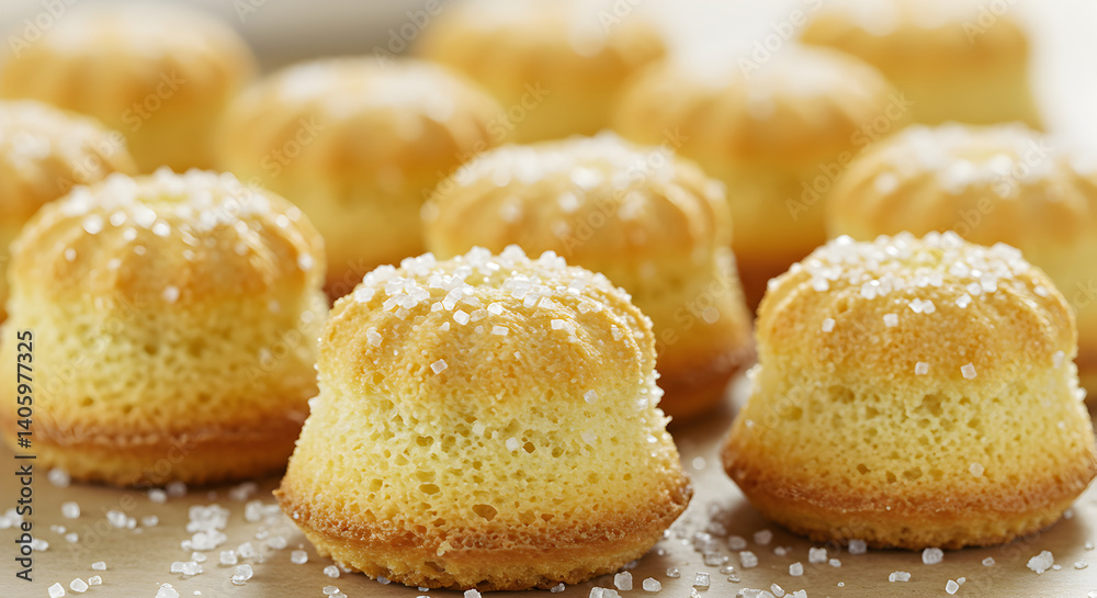 Delicious mini sponge cakes dusted with sugar on a neutral background Delicious mini sponge cakes dusted with sugar on a neutral background