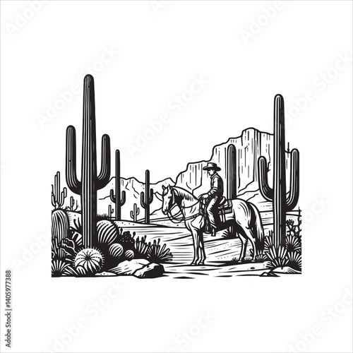Wild West Scene with Cowboy and Saloon at Dusk