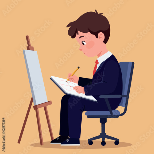 A young boy in formal attire focused on sketching on a notepad while seated in a modern chair beside an easel, flat vector illustration
