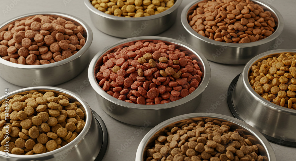 Assorted Dry Pet Food in Bowls Various Flavors and Textures Premium Dog or Cat Food Assorted Dry Pet Food in Bowls Various Flavors and Textures Premium Dog or Cat Food