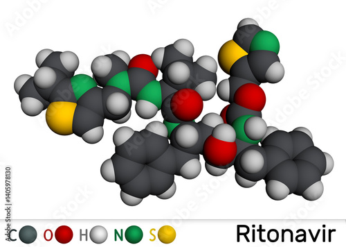 Ritonavir molecule. An antiretroviral drug used to treat HIV infection and AIDS. Molecular model. 3D rendering. Illustration photo