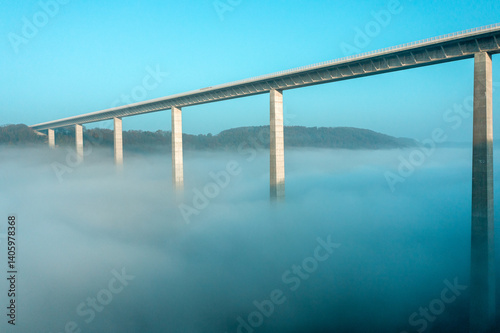 Autobahn bridge at sunrise over the Kocher river valley in Germany