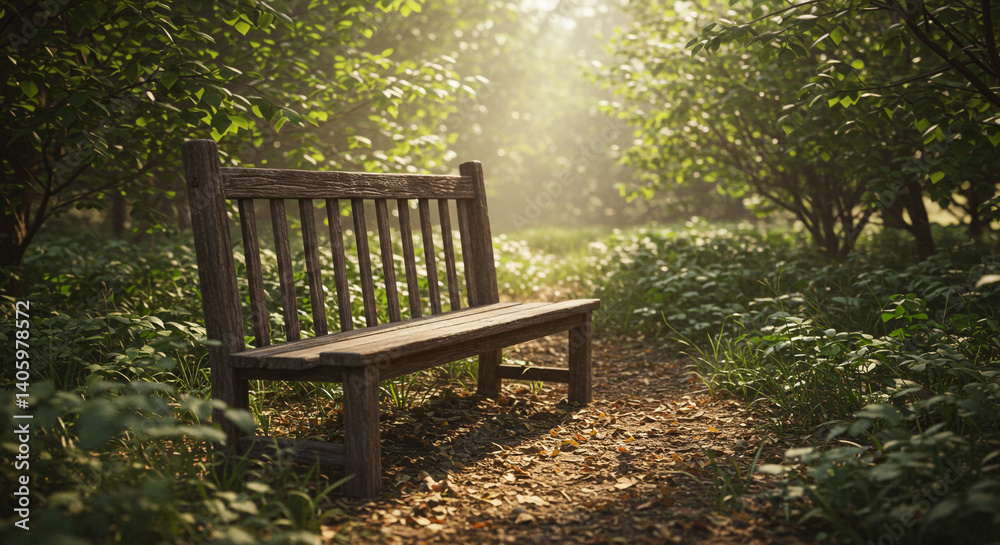 Serene Wooden Bench in Sunlit Forest Peaceful Nature Scene Serene Wooden Bench in Sunlit Forest Peaceful Nature Scene