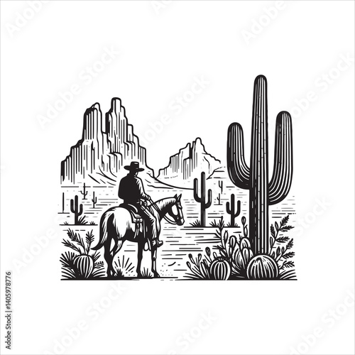 Wild West Scene with Cowboy and Saloon at Dusk