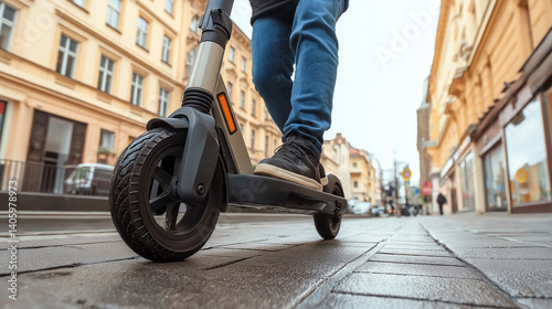 Tourist riding electric scooter exploring city center street
