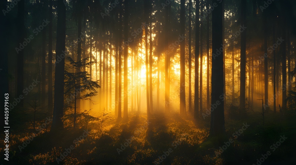 Obraz premium Golden Forest: A majestic forest, bathed in the golden light of a sun setting over the horizon, creates a surreal atmosphere, making the scene appear otherworldly, and mystical. 