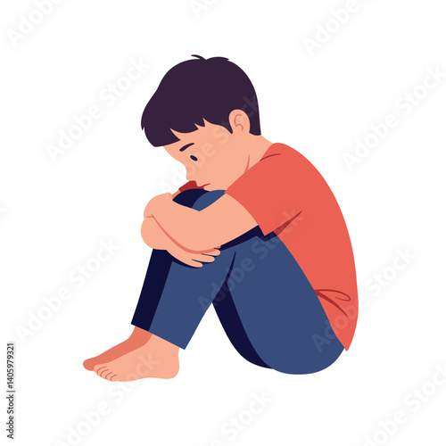 A young boy sitting alone with his knees hugged to his chest in a flat, minimal design vector illustration expressing sadness and introspection