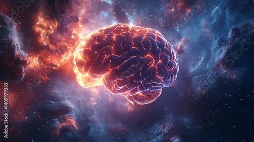 Cosmic Mind: A vibrant and intricate depiction of a human brain engulfed in a celestial cosmic background of nebulae, galaxies, and stardust, expressing the vastness of thought and intellect.