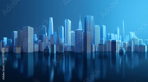 Futuristic blue skyline reflecting on water at night