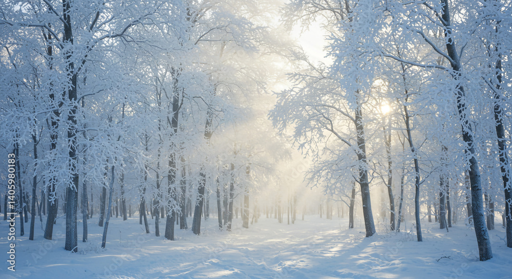 Enchanting winter forest snow covered trees sunlit path HD image Enchanting winter forest snow covered trees sunlit path HD image