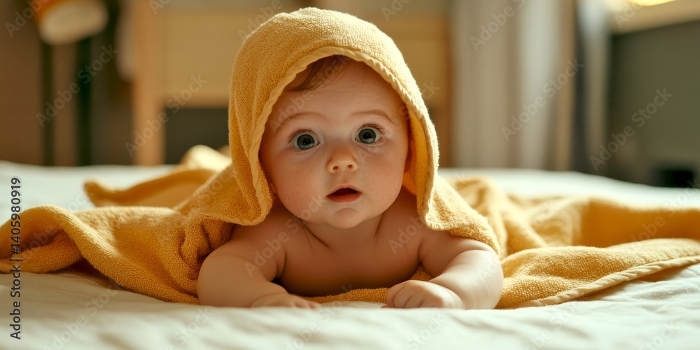 A cute baby with big eyes wearing a towel hood. They lie on a soft blanket, looking curiously at the camera. This is a warm, cozy and joyful moment captured in a simple home setting. AI
