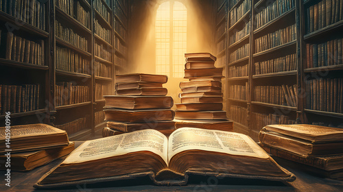 Ancient library with tall wooden shelves, dusty golden light streaming in, open books scattered, vintage and mysterious setting. Ancient Codex. Illustration