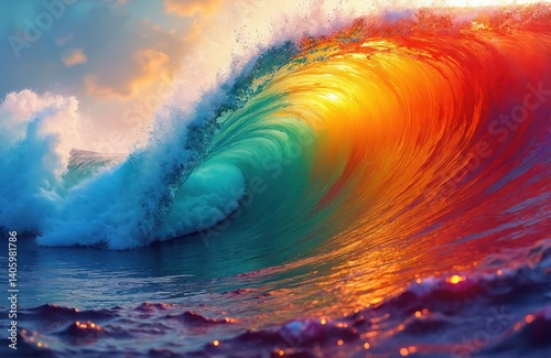 Colorful abstract ocean wave illustration. Rainbow colors, artistic digital artwork. Vibrant, dynamic composition. Water, nature, fantasy concept. Artistic background for design, decoration.