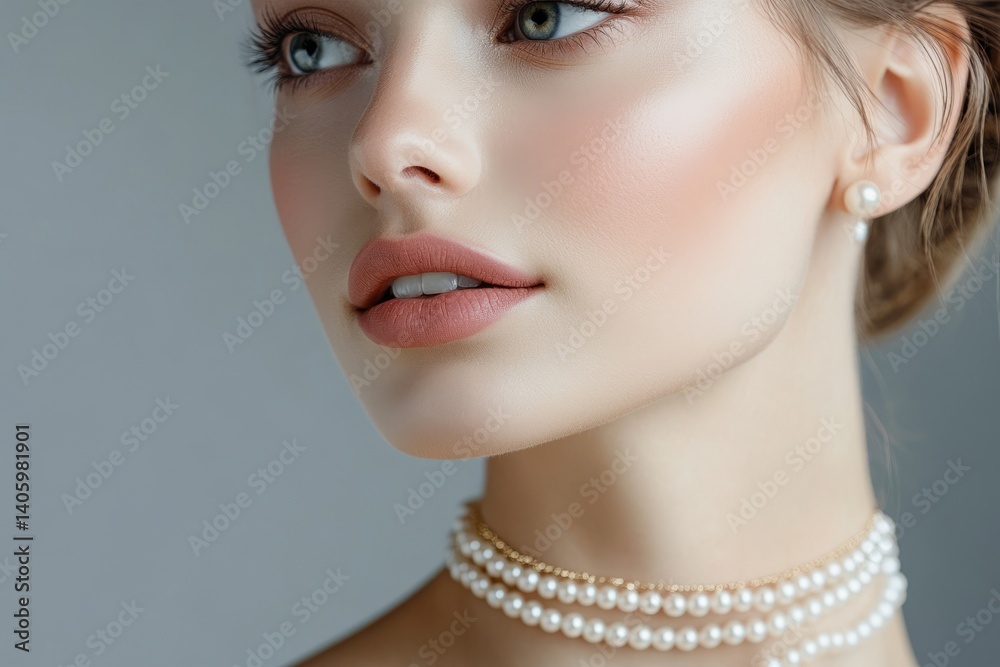 A stunning portrait of a young woman showcasing elegance and beauty. Soft makeup accentuates her features. Pearl jewelry adds a touch of luxury. Ideal for fashion or beauty themes. AI