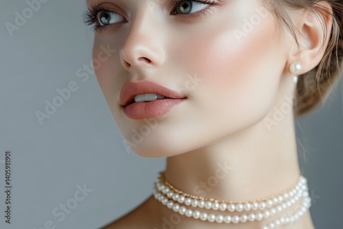 Obraz na płótnie A stunning portrait of a young woman showcasing elegance and beauty. Soft makeup accentuates her features. Pearl jewelry adds a touch of luxury. Ideal for fashion or beauty themes. AI w salonie
