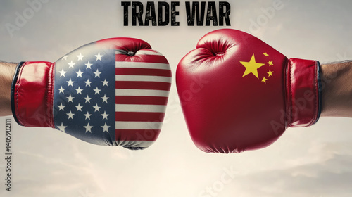 USA trade and American tariffs conflict with two opposing trading partners as an economic import and exports dispute concept
 photo