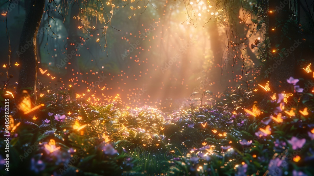 Naklejka premium Luminous enchanted forest where sparkling dew clings delicate leaves and soft light filters through dense canopies creating an ethereal backdrop