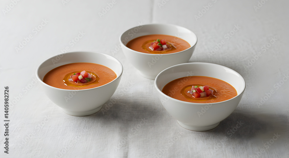 Elegant presentation of refreshing gazpacho in minimalist white bowls Elegant presentation of refreshing gazpacho in minimalist white bowls