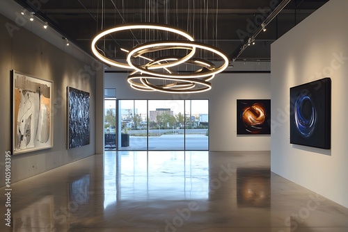 Geometric multi-ring circular chandelier with LEDs in a modern art gallery