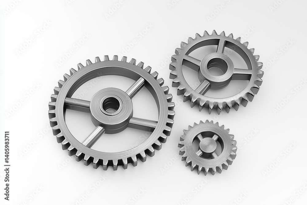 Three interlocking metal gears rotating smoothly on white background Three interlocking metal gears rotating smoothly on white background