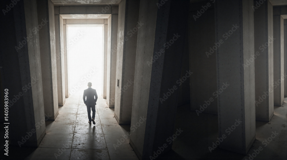 Man Walking Towards Bright Light in Concrete Hallway, Hope and Future Concept Man Walking Towards Bright Light in Concrete Hallway, Hope and Future Concept