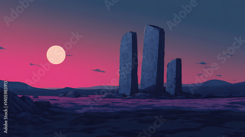 Ancient stone monolith against a twilight sky. Twilight Carvings. Illustration