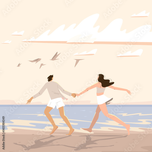 Love couple on beach. Romantic seaside dates, honeymoon vacation . Man and woman, summer holiday, time together at sea coast. Happy enamored people. Flat vector illustrations
