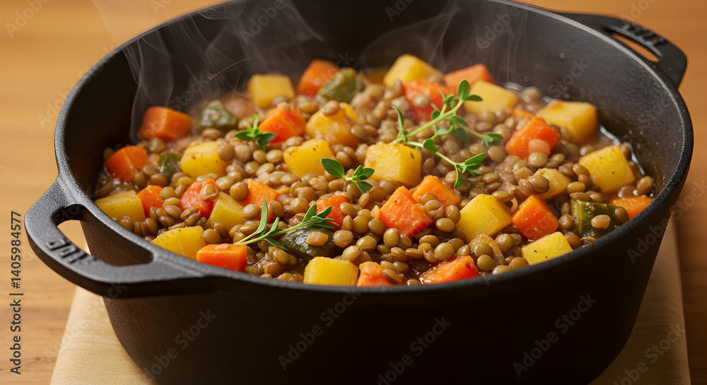 Homemade hearty lentil and vegetable stew simmering in a cast iron pot