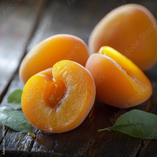Rustic Apricot Delight Fresh apricots sliced open on a rustic wooden table Rule of Thirds juicy orange flesh glistening under soft backlight shallow focus on foreground fruit vibrant orangegreen