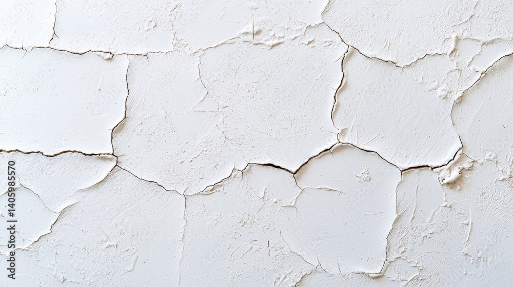 Obraz premium A close-up view of a cracked, peeling white wall, showcasing a textured surface with irregular patterns and a weathered appearance.