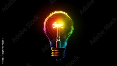 A vibrant light bulb glowing with rainbow colors against a stark black background in a close up view
