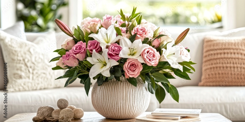 A beautiful arrangement of pink roses and white lilies sits elegantly in a modern vase. This floral display adds charm and freshness to any space in a home. Perfect for decoration. AI