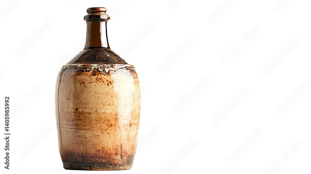 One old ceramic wine bottle, macro, isolated on white background
