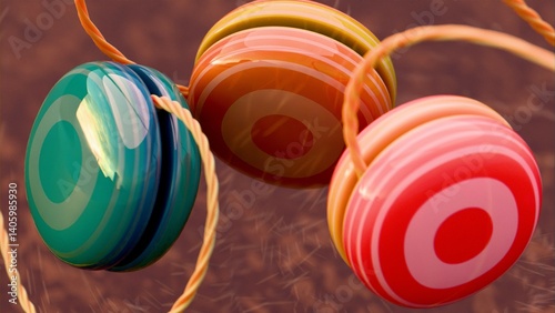 Three colorful striped yo-yos connected by twisted string, shown in extreme close-up, highlighting surface texture, circular patterns, and plastic toy design during mid-air suspension