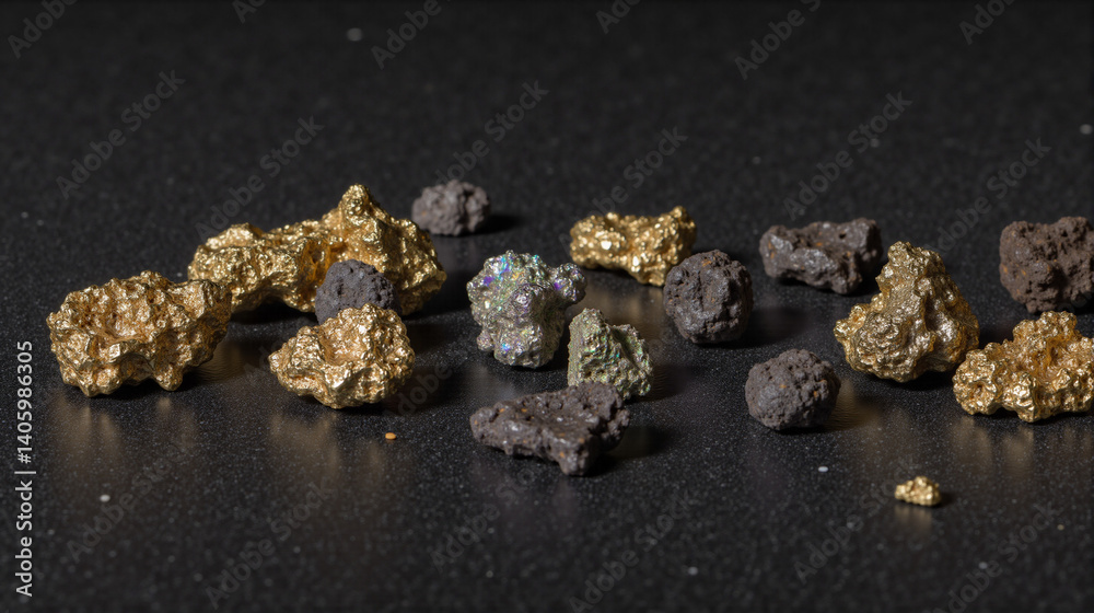Gold nuggets and other minerals on a black background, gold mining concept Gold nuggets and other minerals on a black background, gold mining concept