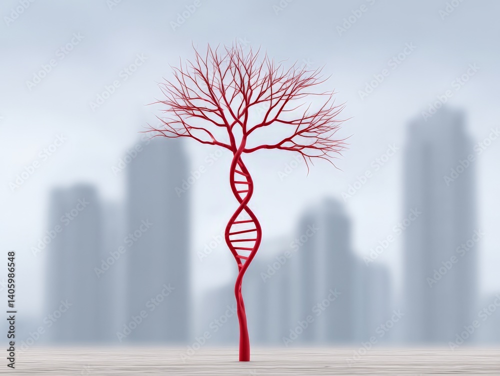 Abstract red dna tree with cityscape background representing synthetic biological evolution urban biotech concept artificial genome and organic data rooted infrastructure