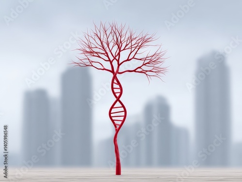 Obraz na płótnie Abstract red dna tree with cityscape background representing synthetic biological evolution urban biotech concept artificial genome and organic data rooted infrastructure w salonie