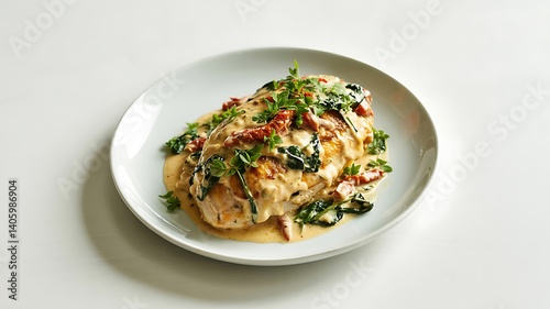 Creamy Tuscan chicken breast with sun-dried tomatoes, spinach, and herbs served on white plate with copy space

