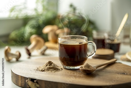Mushroom coffee blend in glass cup on wooden surface with steam rising, natural supplement concept for wellness drinks

