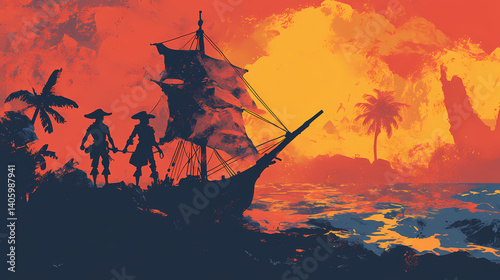 Pirates embark on a thrilling adventure leveraging logistics and hidden networks to find buried treasure. Hidden Parable. Illustration