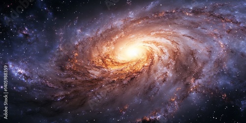A beautiful spiral galaxy fills the space with vibrant colors. The warm hues of orange and yellow create a stunning contrast against the dark cosmos.