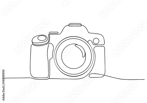 continuous line drawing of a camera outline in black and white, modern abstract photography icon with clean artistic simplicity

