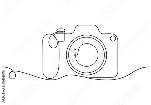 continuous line drawing of a camera outline in black and white, modern abstract photography icon with clean artistic simplicity

