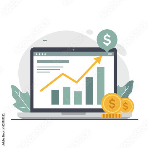 Laptop displaying growth chart with coins and financial symbols  