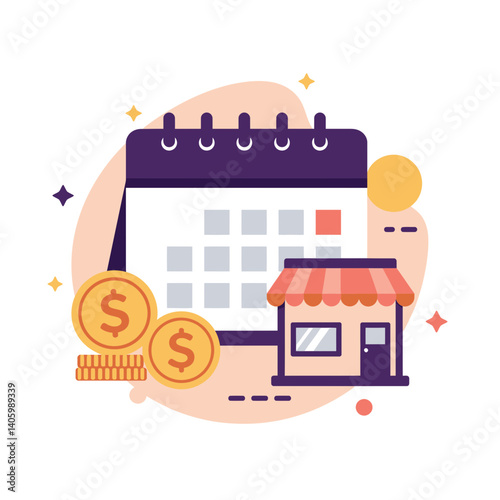 Small business planning illustration with calendar and shop  