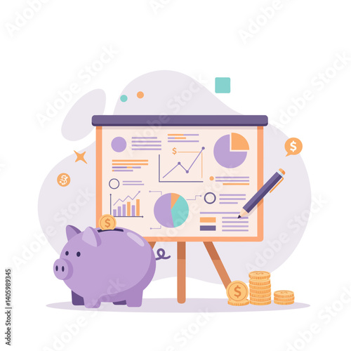 Small business planning with a piggy bank and a planning board  
