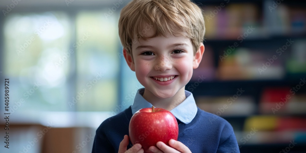 A happy young boy holds a bright red apple in his hands. He is smiling and wearing a blue sweater. The background shows a blurred library scene. This image conveys joy and education. AI