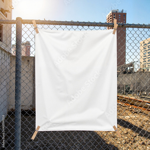 Blank canvas hanging on a fence in an urban setting  